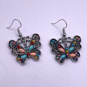 Silver Tone Colorful Butterfly Earrings